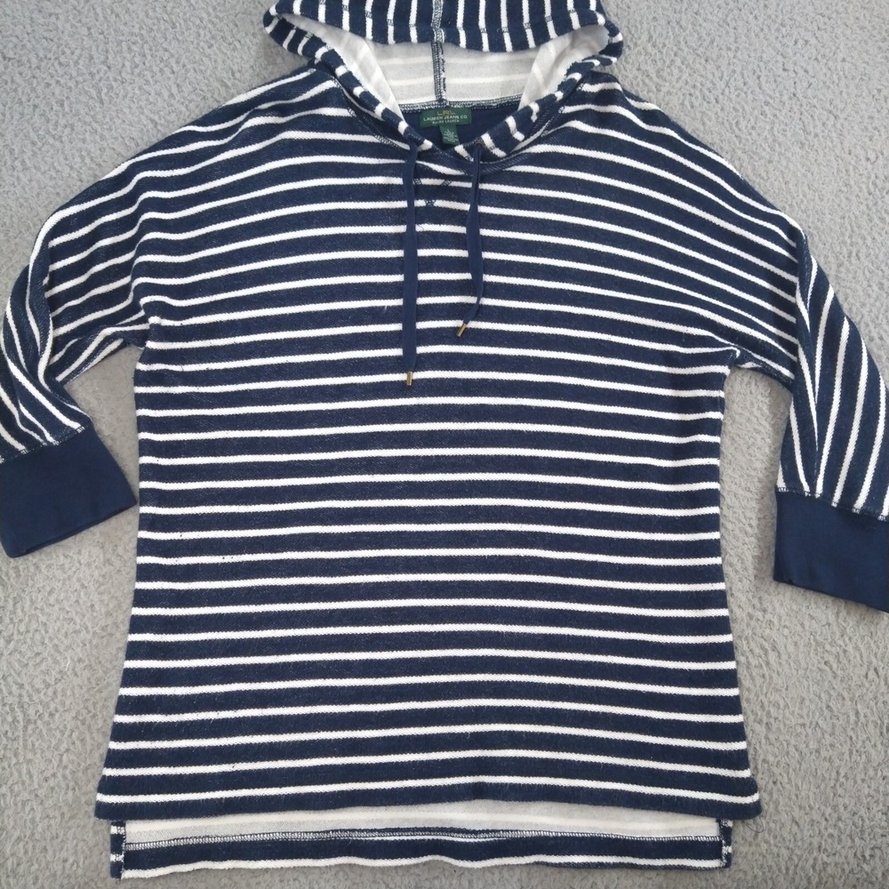 Lauren Jeans Co. Pullover Hoodie Ralph Lauren Womens Large Blue Striped Nautical - Picture 3 of 16